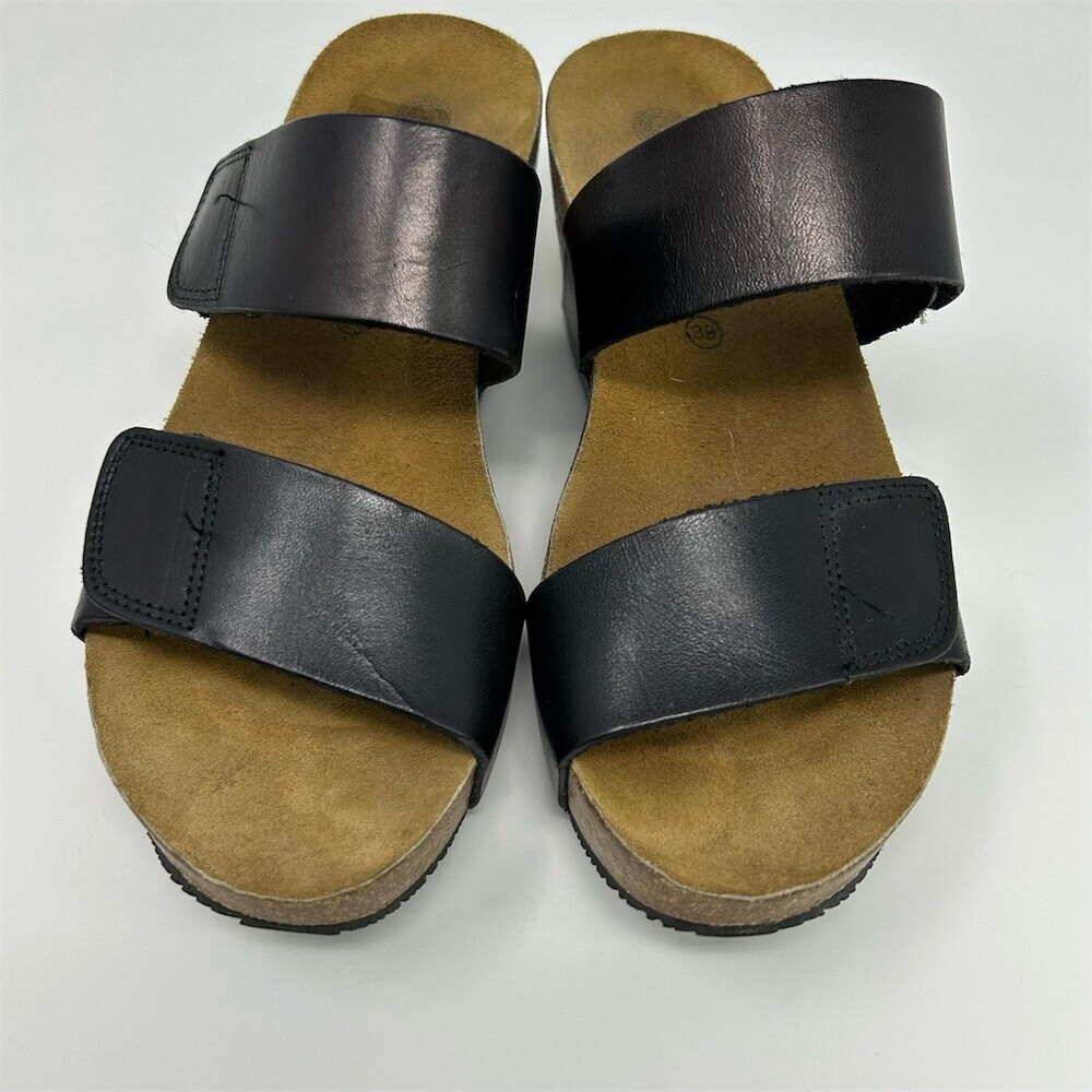 Eric Michael Lily Black Leather Double Strap Wedge Open Toe Sandals EU 39 - Picture 4 of 10